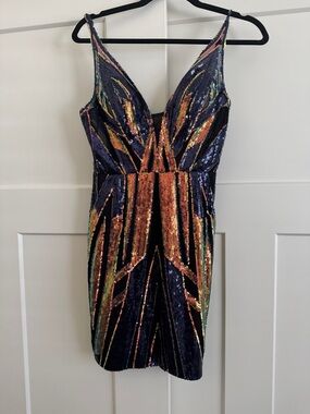 JVN by Jovani Navy Sequin Mini Dress with Orange and Green Accents
